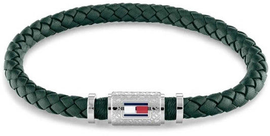 Tommy Hilfiger flätat läderarmband, grönt band med silverfärgat mittlås