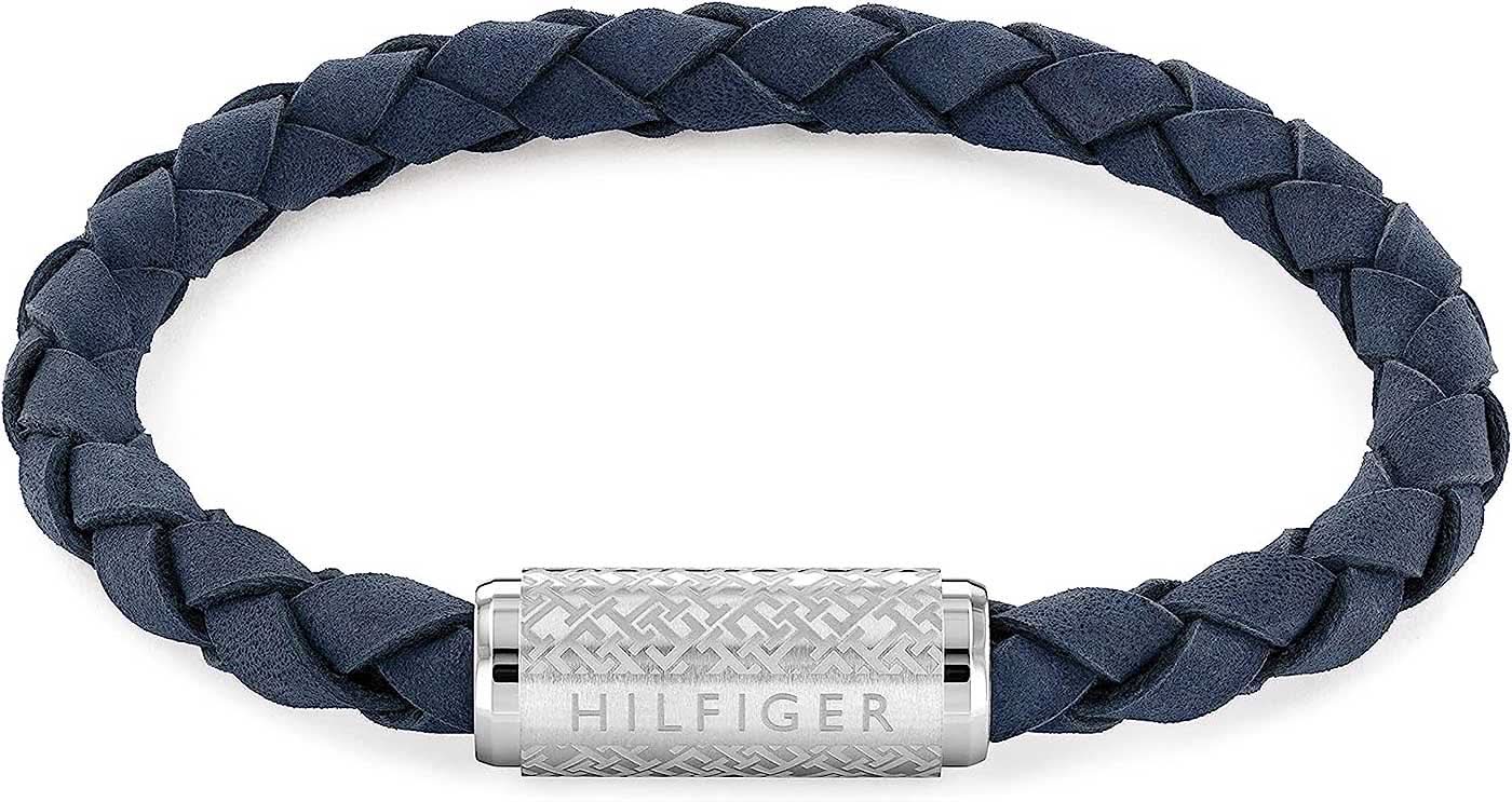 Mörkblått flätat läderarmband, silverfärgat spänne med Hilfiger-logotyp