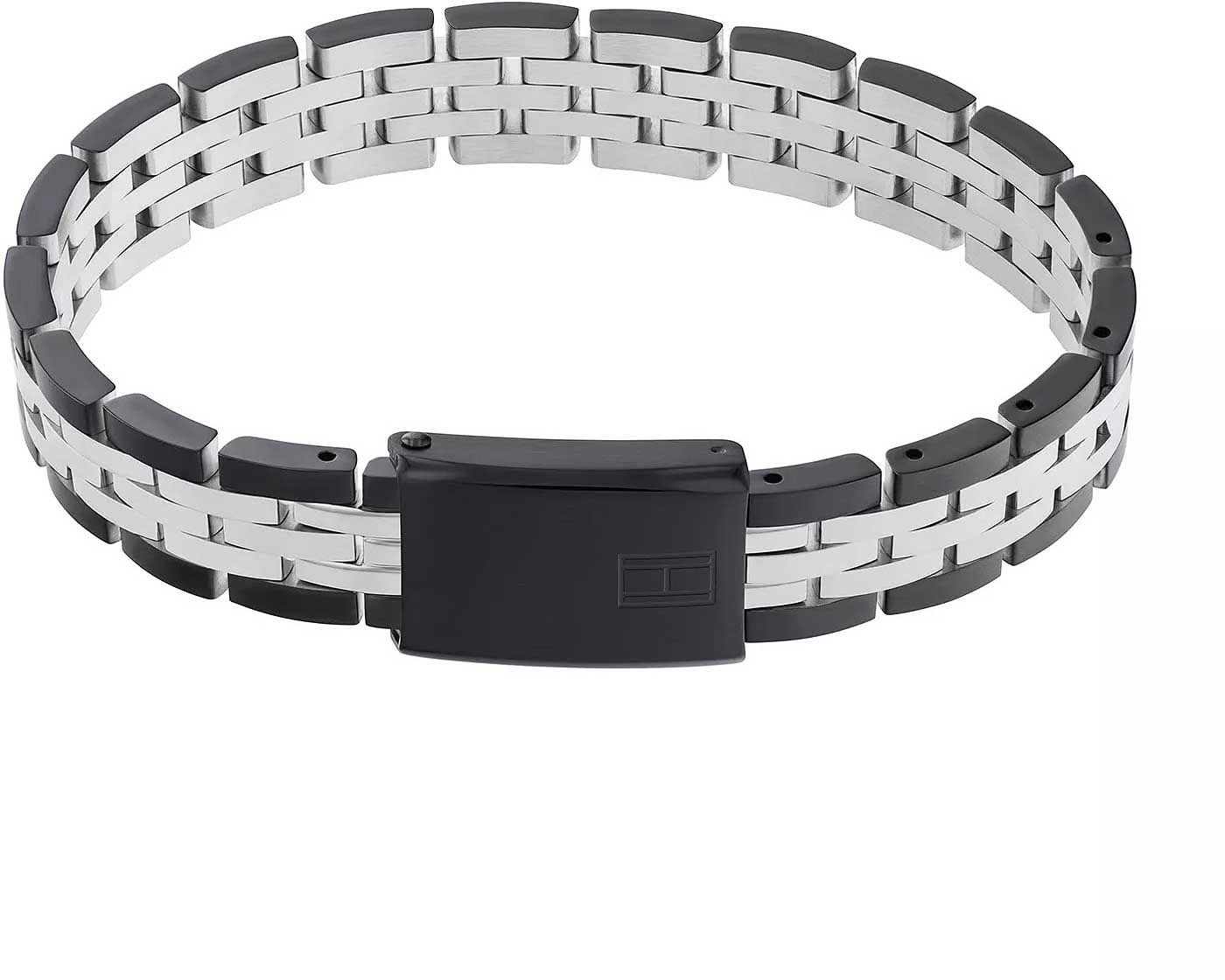 Gliederarmband i rostfritt stål med silverfärgade länkar och svart vikspänne