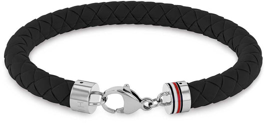 Flätat silikonarmband, svart armband med metallspänne och Tommy Hilfiger-logotyp