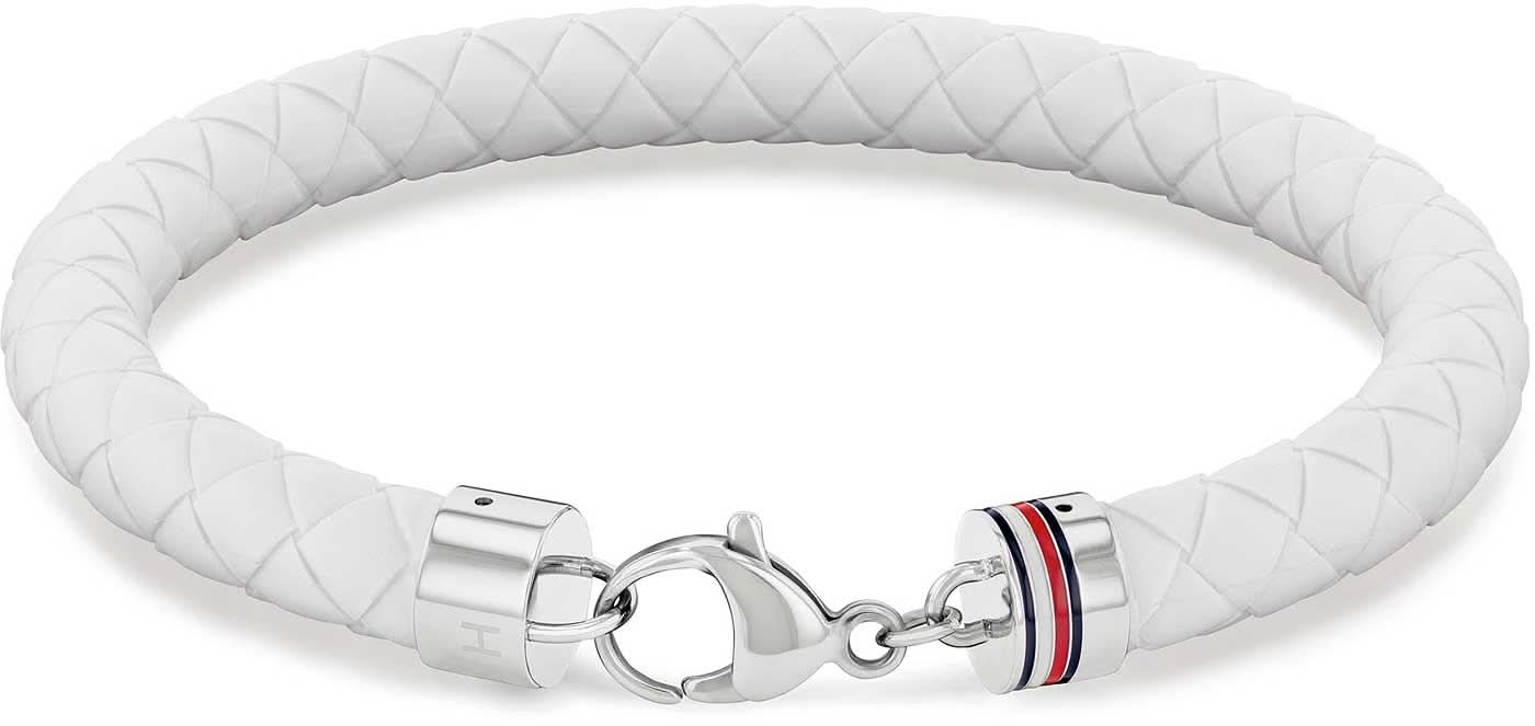 Flätat Tommy Hilfiger armband i silikon, vit flätning, silverfärgat spänne med färgade ränder
