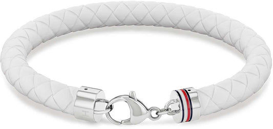 Flätat Tommy Hilfiger armband i silikon, vit flätning, silverfärgat spänne med färgade ränder