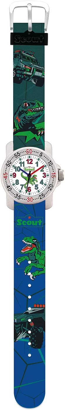 Armbanduhr för pojkar med dinosaurietryck, rund vit urtavla och blått armband