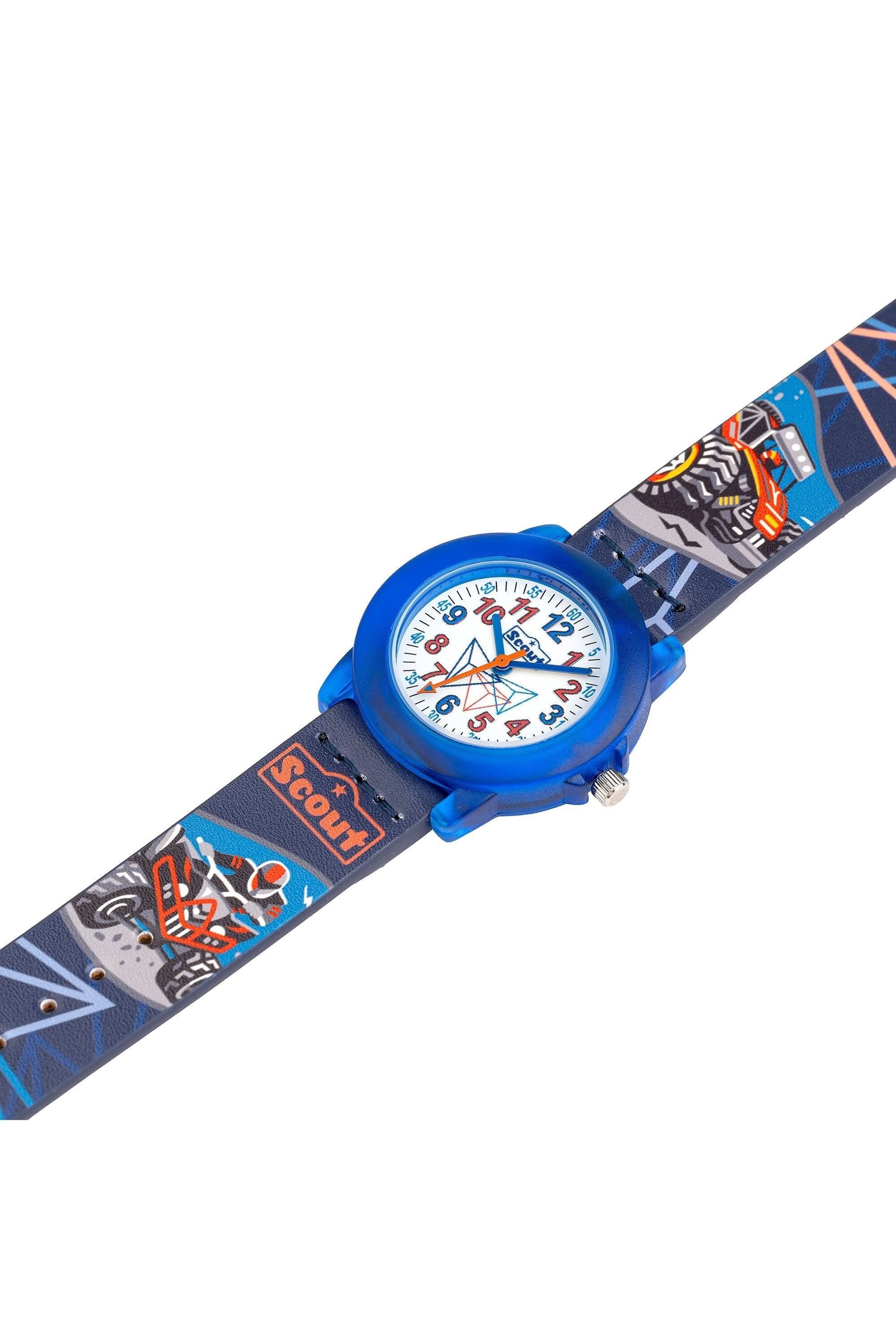 Herrklocka från sidan: blå urtavla, orange visare, brett armband med mönster