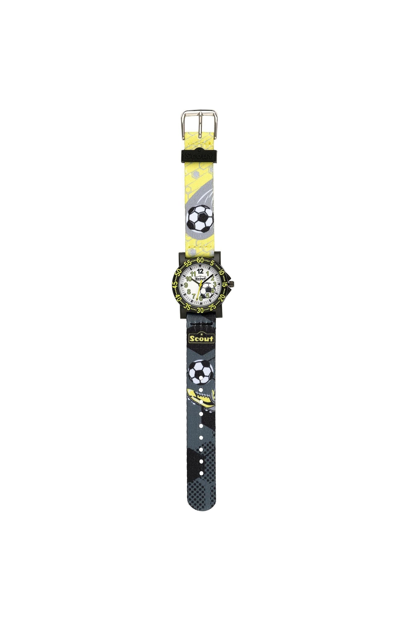 Herrarmbandur med rund vit urtavla och gulgrått fotbollsläderarmband