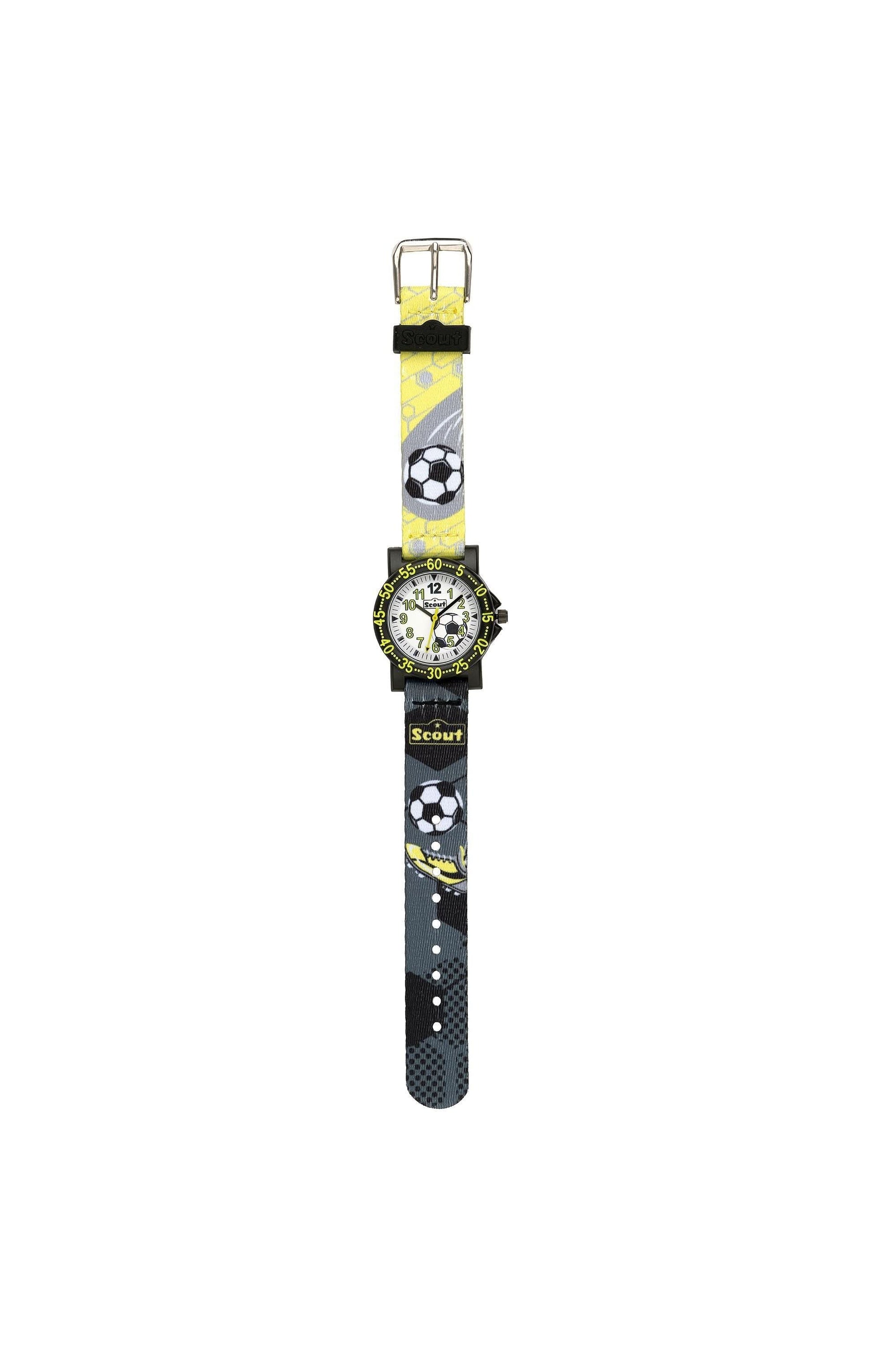 Herrarmbandur med rund vit urtavla och gulgrått fotbollsläderarmband