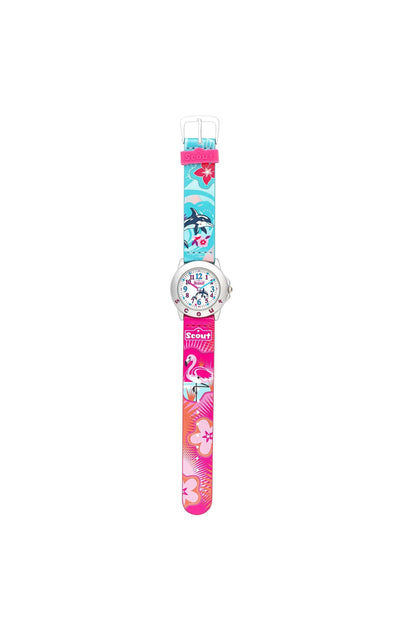 Herrarmbandsur, framifrån, silverfärgad urtavla med färgglada siffror och rosa armband