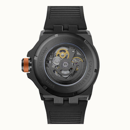 Herrenarmbanduhr Ingersoll The Rigger: Rückseite mit Automatikwerk und schwarzem Armband