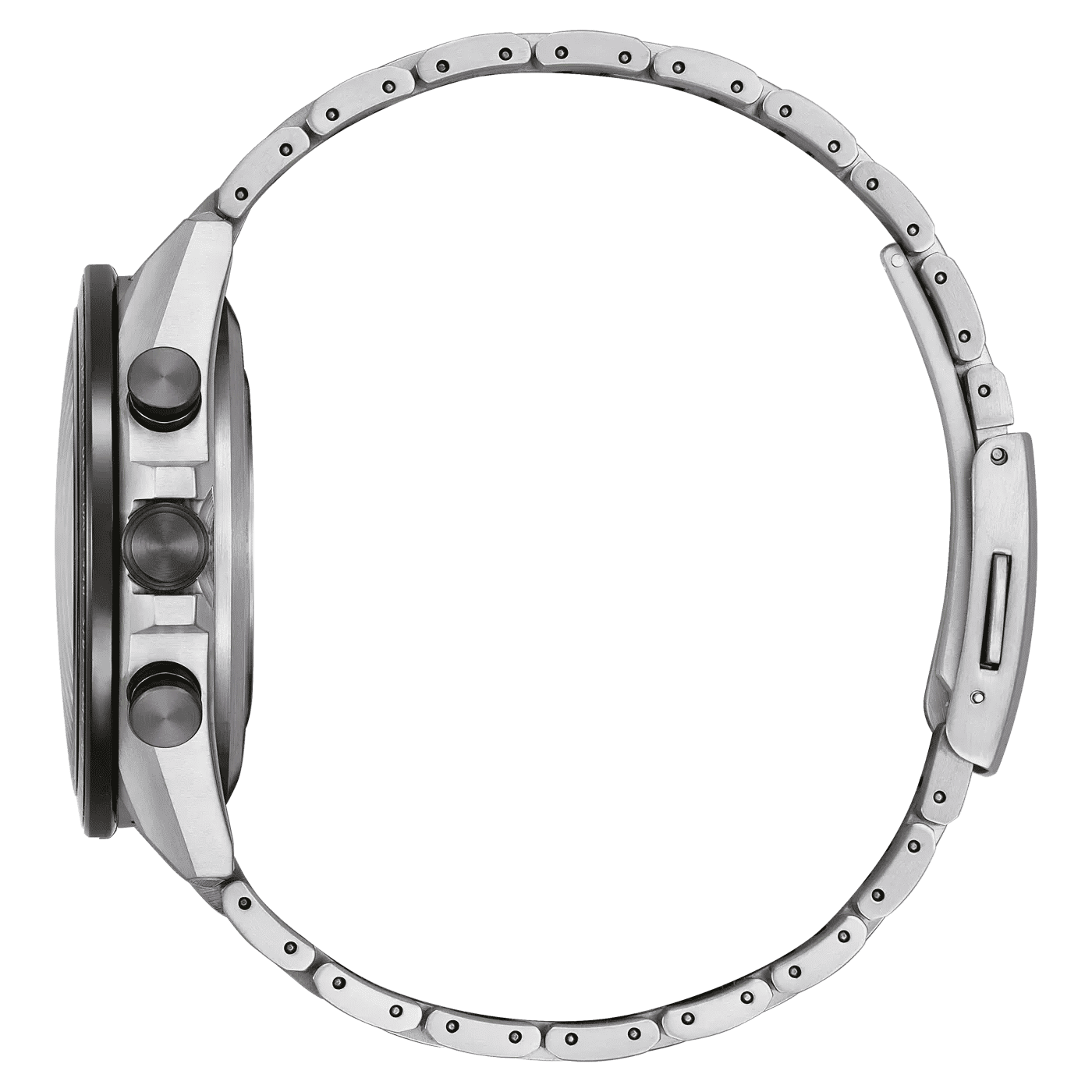 Herrklocka i rostfritt stål med silverfärgat hölje och armband, knappar på sidan