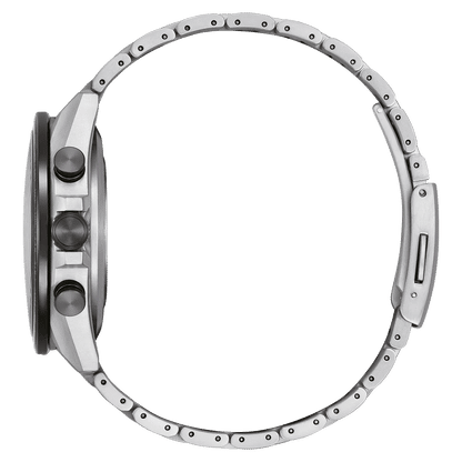Herrklocka i rostfritt stål med silverfärgat hölje och armband, knappar på sidan