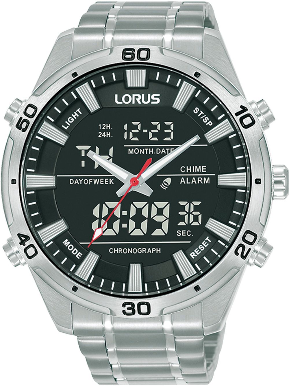 Zegarek męski Lorus ze srebrną metalową bransoletą, czarną tarczą i chronografem