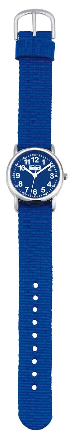 Barnklocka med blått textilarmband och rund urtavla, silverfärgat hölje