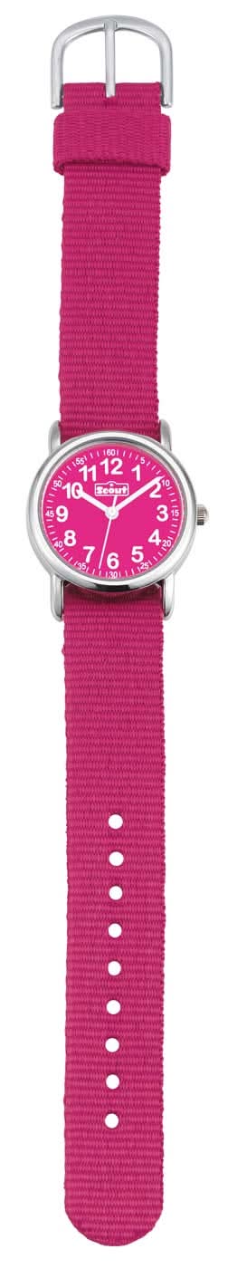 Flickur med rosa armband, silverspänne och rund, rosa urtavla
