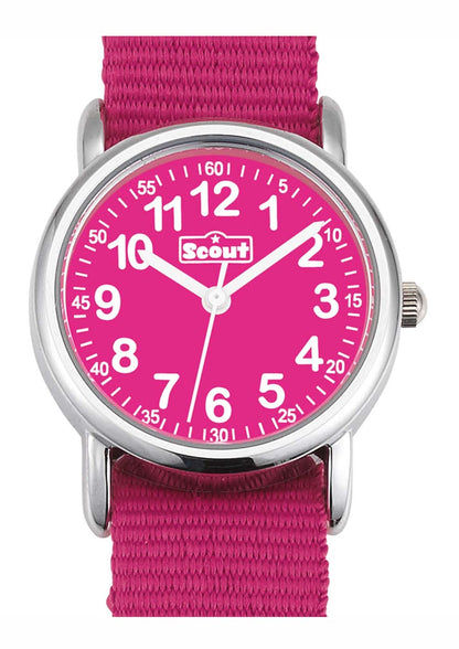 Flickklocka med rosa textilarmband, silverfärgad boett och rosa urtavla