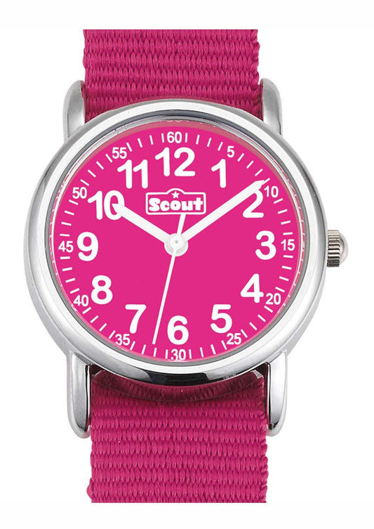 Flickklocka med rosa textilarmband, silverfärgad boett och rosa urtavla