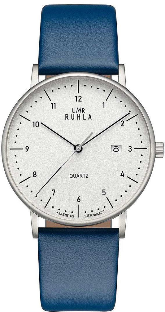 UMR Ruhla herrklocka med blått läderarmband, boett i silver och vit urtavla.