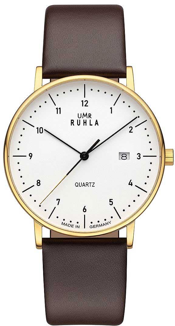 Herrarmbandsur: vit urtavla, guldfärgat hölje, brunt läderarmband