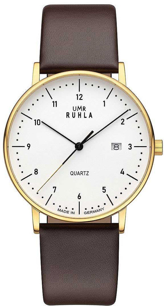 Herrarmbandsur: vit urtavla, guldfärgat hölje, brunt läderarmband