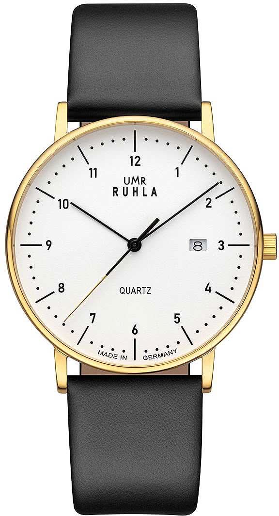 Herrklocka med svart läderarmband, guldfärgat boett och vit urtavla