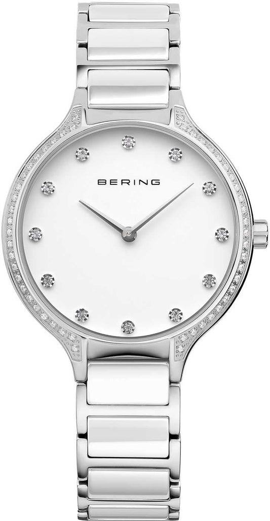 Bering damklocka: vit urtavla, zirkoniaindex, keramiskt armband, safirglas