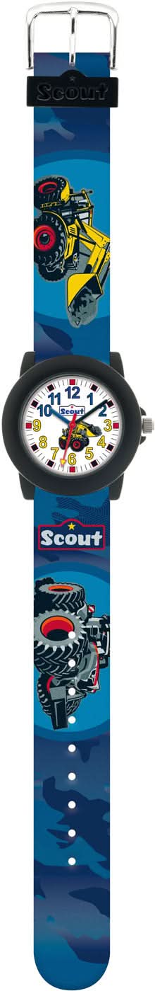Barnklocka med blått armband och lärande motiv, analog urtavla, Scout-logotyp