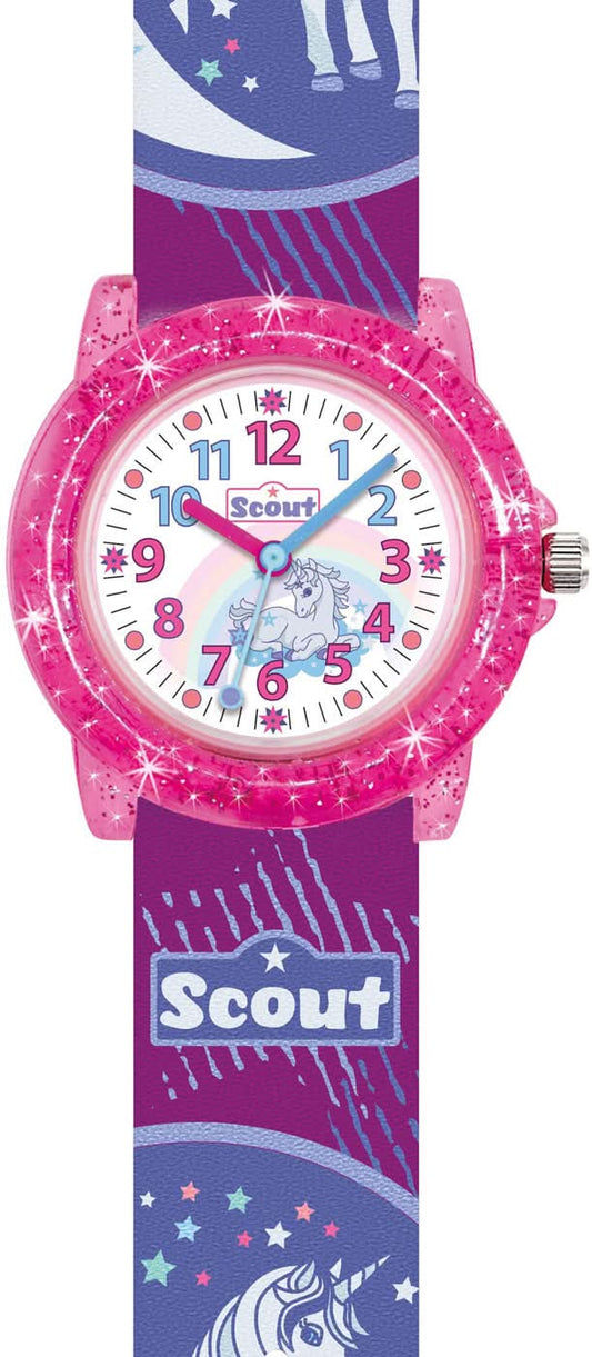 Scout flickklocka med rosa glitterarmband och rund urtavla