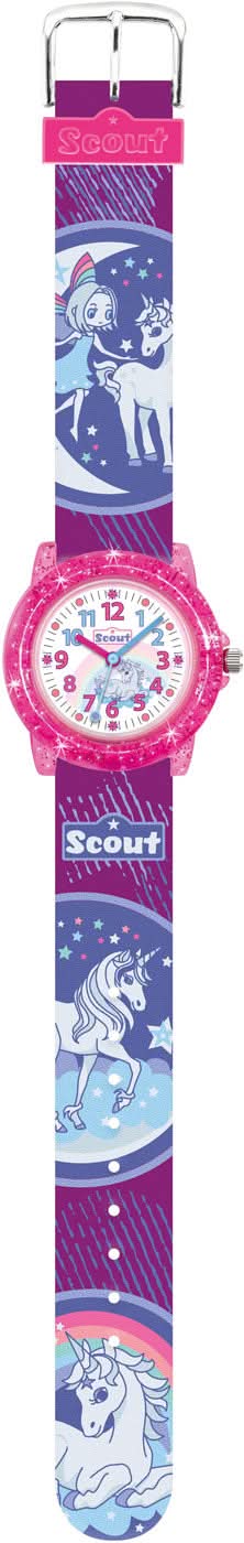 Scout flickklocka med blå-lila armband och enhörningsmotiv