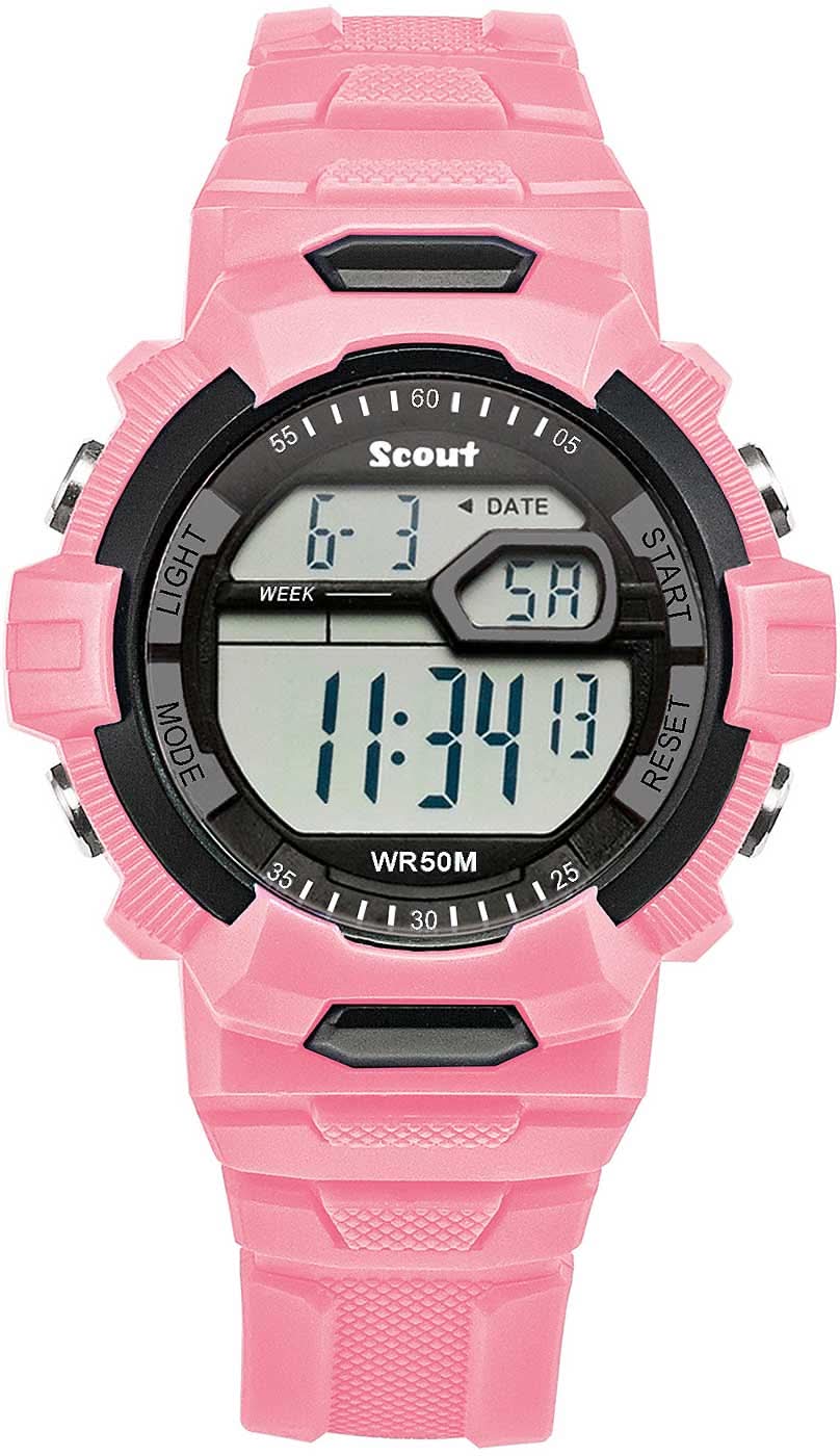 Scout flick-digitalur med rosa armband, rund urtavla och datumvisning