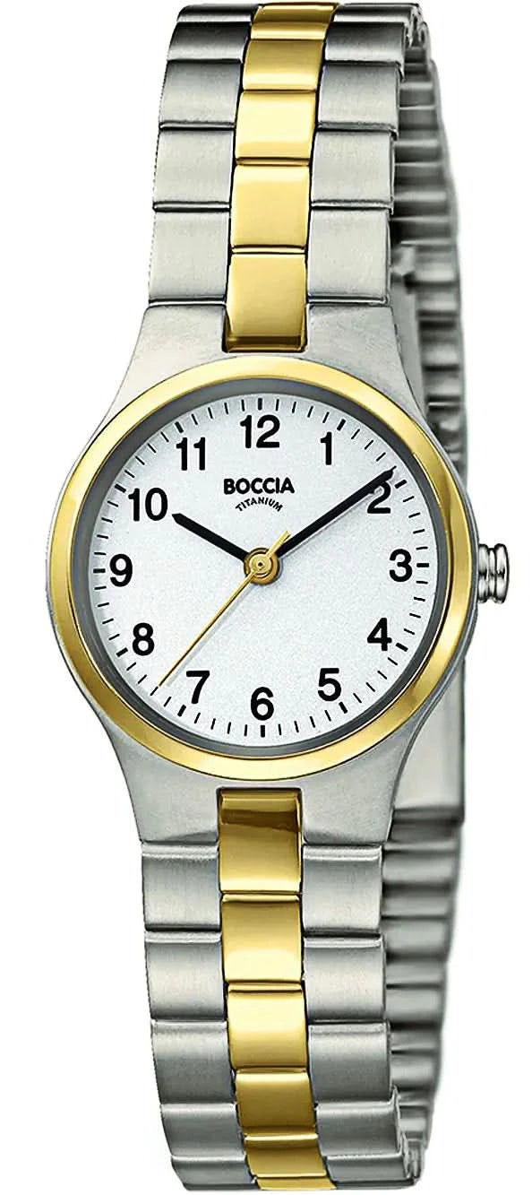 Damklocka med rund vit urtavla och romerska siffror, tvåfärgat armband, Boccia