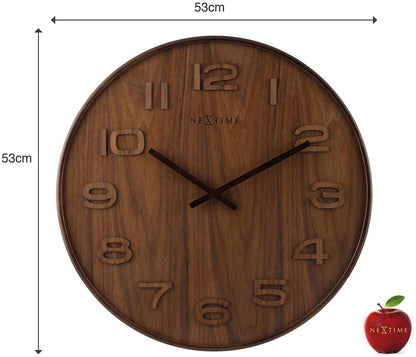 Rund väggklocka i trä med romerska siffror i trä och måttangivelser 53 cm