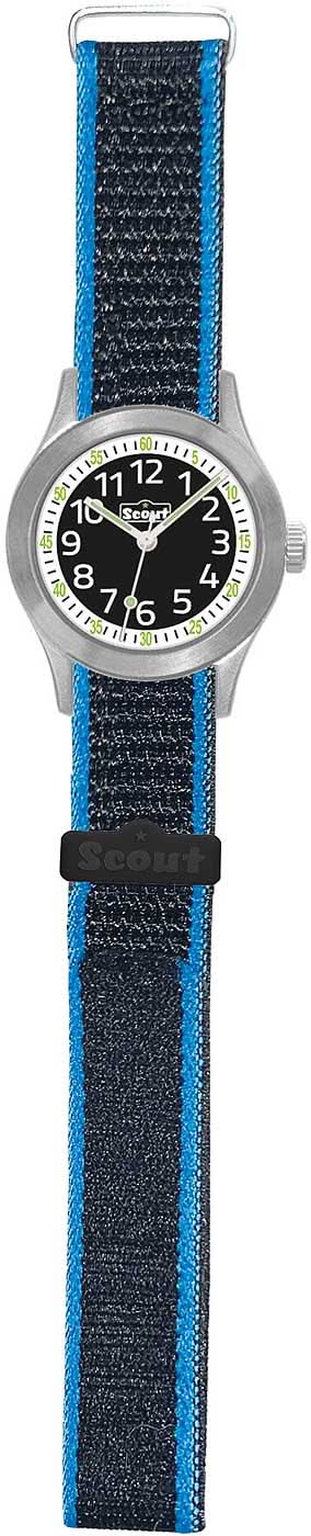 Barnklocka med rund boett i rostfritt stål, svart urtavla och långt blått textilarmband