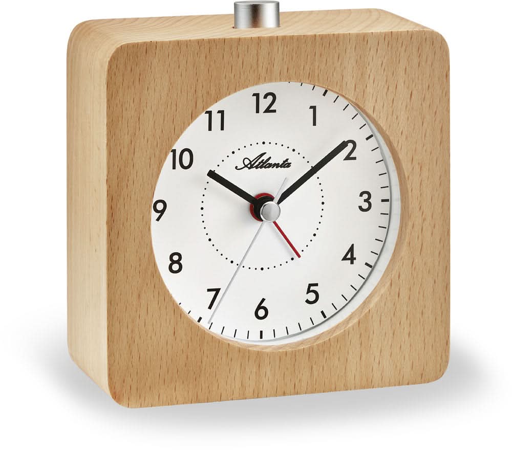 Trä-bordsklocka med rund urtavla, silverfärgade visare och Atlanta-skrift
