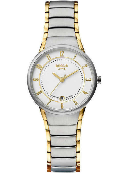 Damenuhr Boccia Titanium bicolor: Titanarmband, rundes weißes Zifferblatt, goldene Akzente