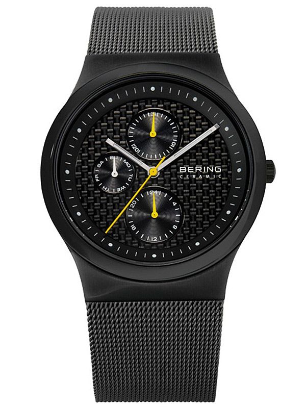Herrenarmbanduhr mit schwarzem Zifferblatt, Mesh-Armband und gelben Akzenten