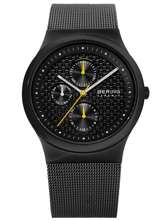 Herrenarmbanduhr mit schwarzem Zifferblatt, Mesh-Armband und gelben Akzenten