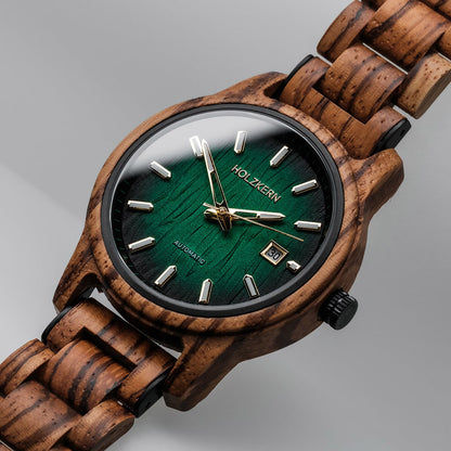 Holzkern Nightbird Herren Armbanduhr Grün • Automatikwerk • Naturholz Zebrano, Bild 2