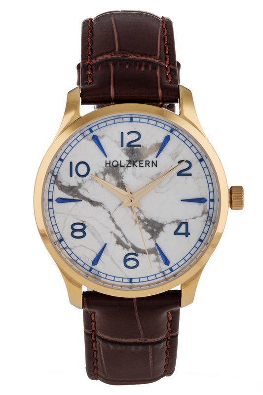 Herrenuhr mit goldfarbenem Gehäuse, weißem Zifferblatt mit blauen Ziffern, braunes Lederband