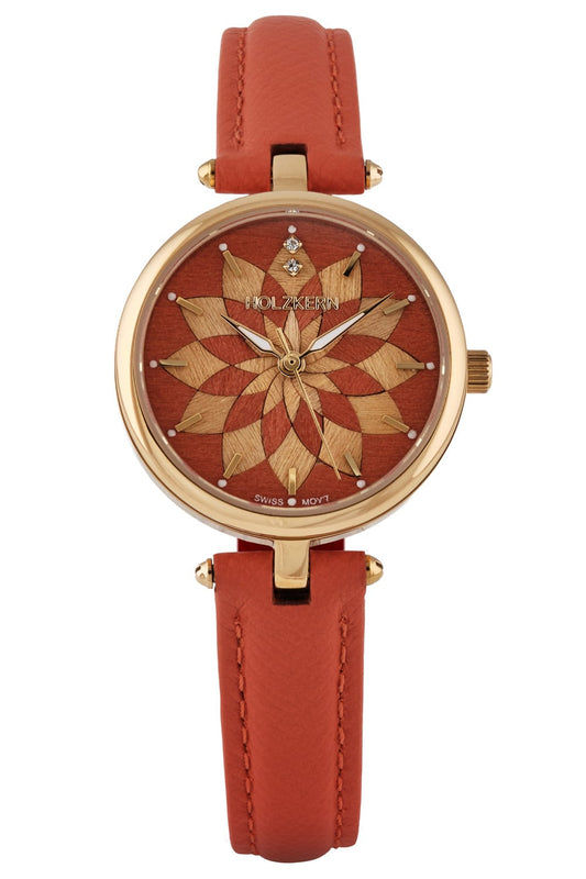 Damenarmbanduhr mit goldfarbener Lünette, rotem Lederband und floralem Zifferblatt