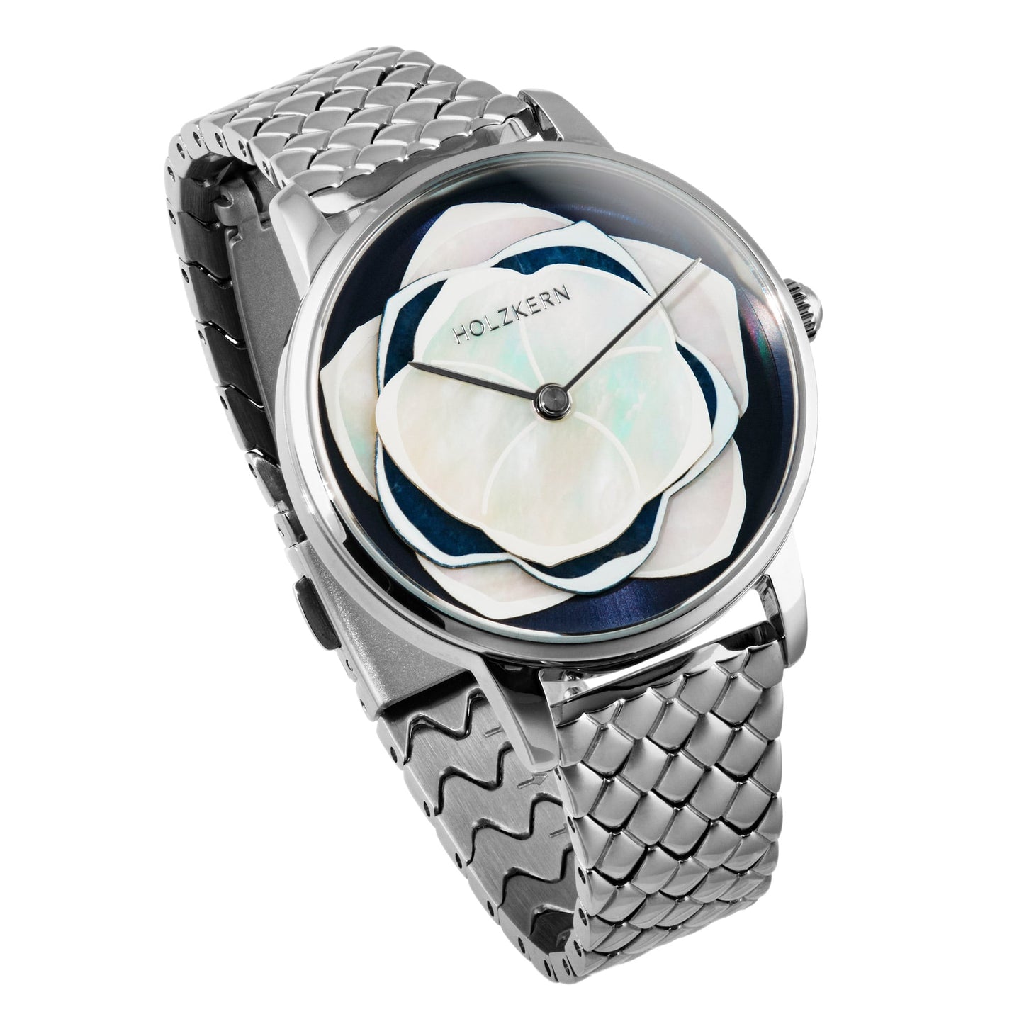 Silberne Damenarmbanduhr mit Metallarmband und rundem Perlmutt-Zifferblatt mit Blütenmuster