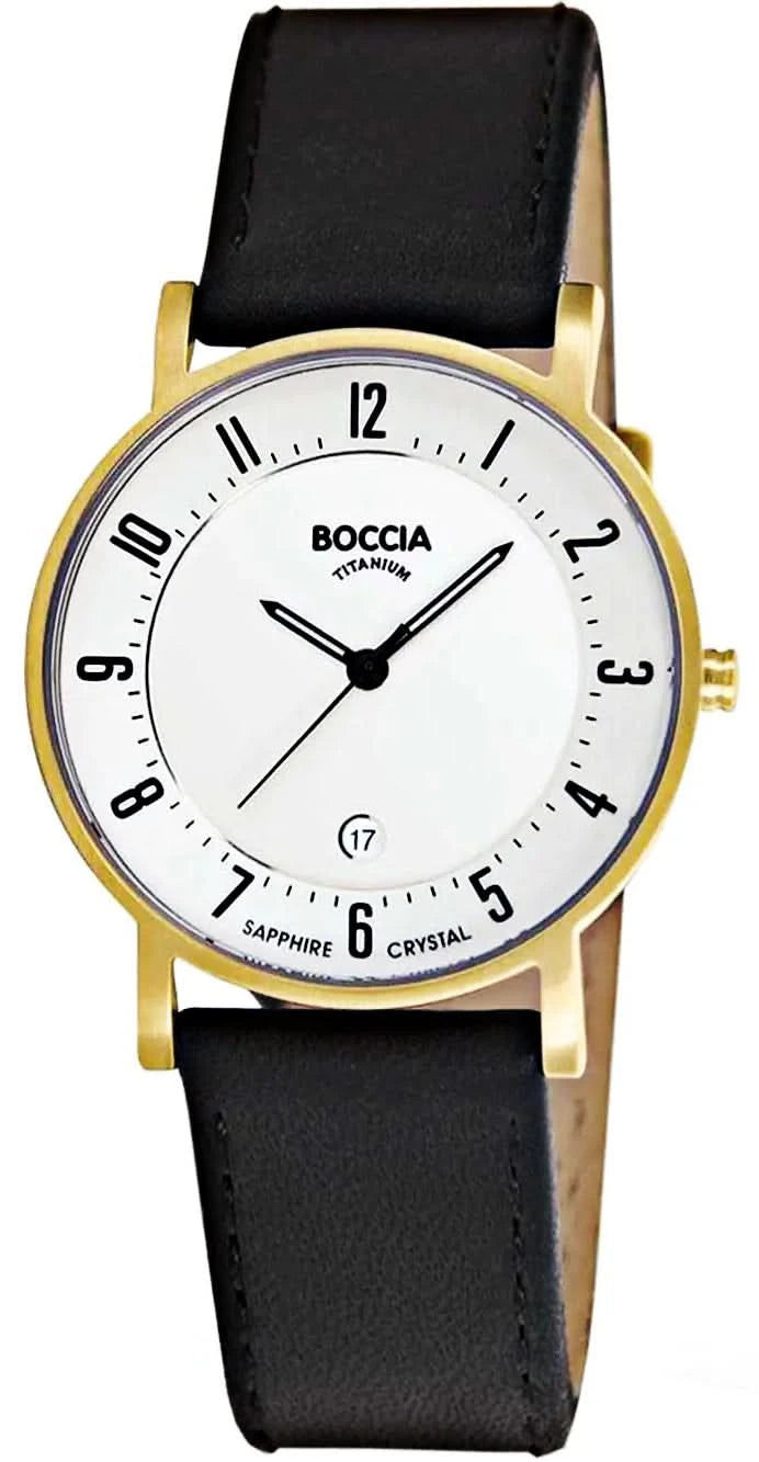 Boccia Damklocka med svart läderarmband, guldfärgat boett och vit urtavla