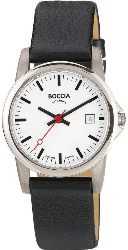 Damklocka Boccia med svart läderarmband, vit urtavla, röda visare, datumvisning