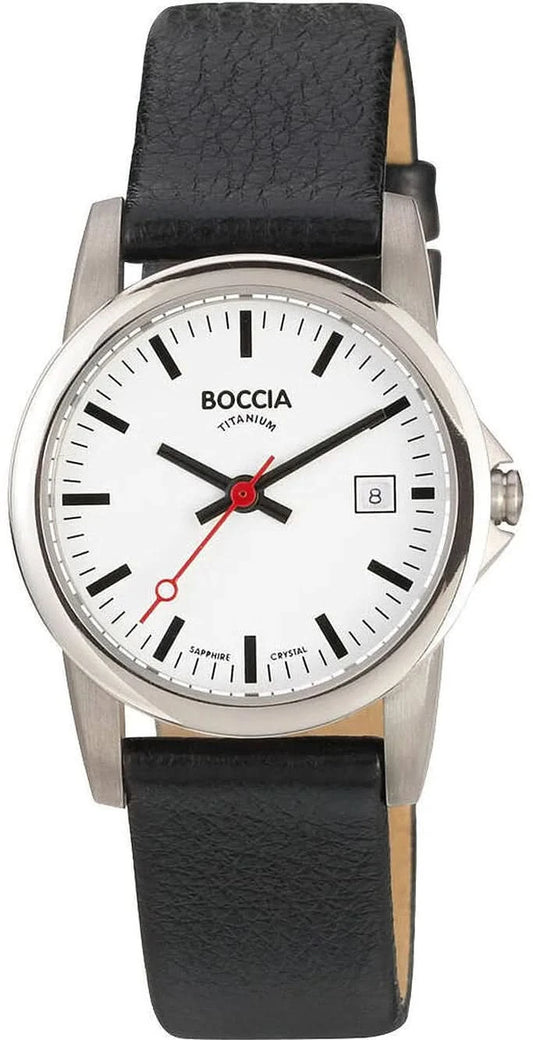 Damklocka Boccia med svart läderarmband, vit urtavla, röda visare, datumvisning