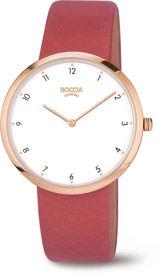 "Damklocka med vit urtavla och roséguldpläterat hölje, rött läderarmband"