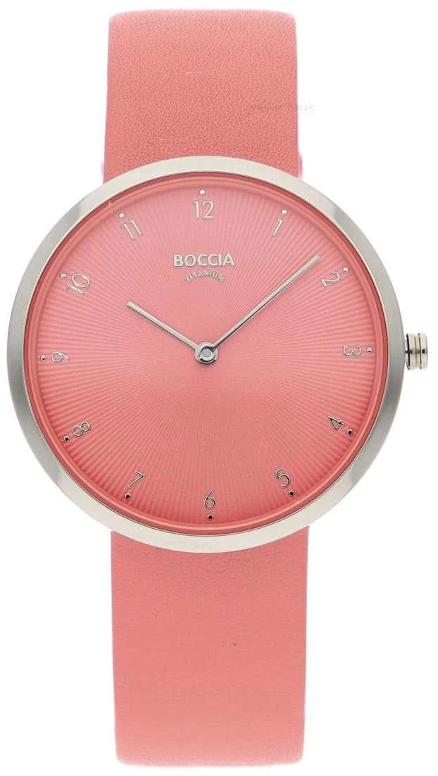 "Damklocka från Boccia med rosafärgad urtavla, rosa armband och runt silverfärgat hölje"