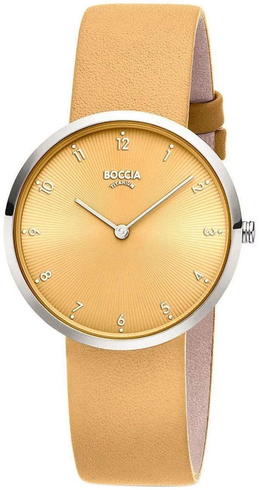 Boccia damklocka med rund guldfärgad urtavla och beige läderrem, analog visning