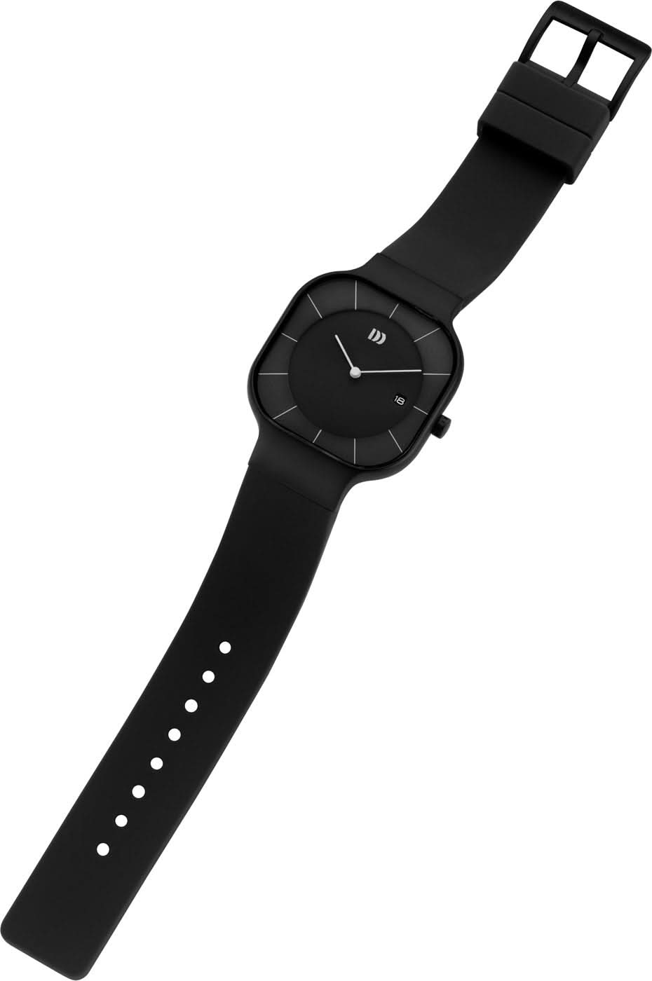 Herrklocka med solcellsdrivning, rund svart urtavla och långt svart silikonarmband med stiftspänne