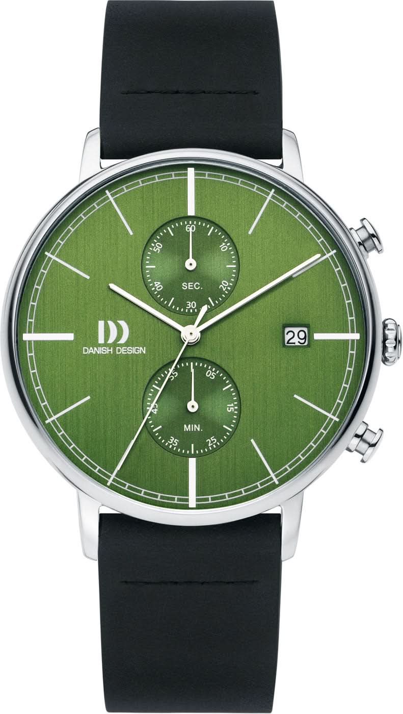 Herrarmbandsur med grön urtavla, silverfärgat boett och svart läderband