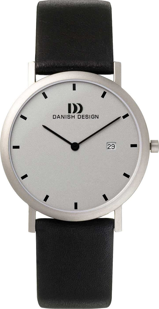 Danish Design herrklocka med svart läderband, grå urtavla och datumvisning