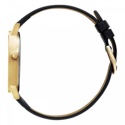 Armbandsur för herrar, svart läderarmband med guldfärgad boett i titan, sidovy