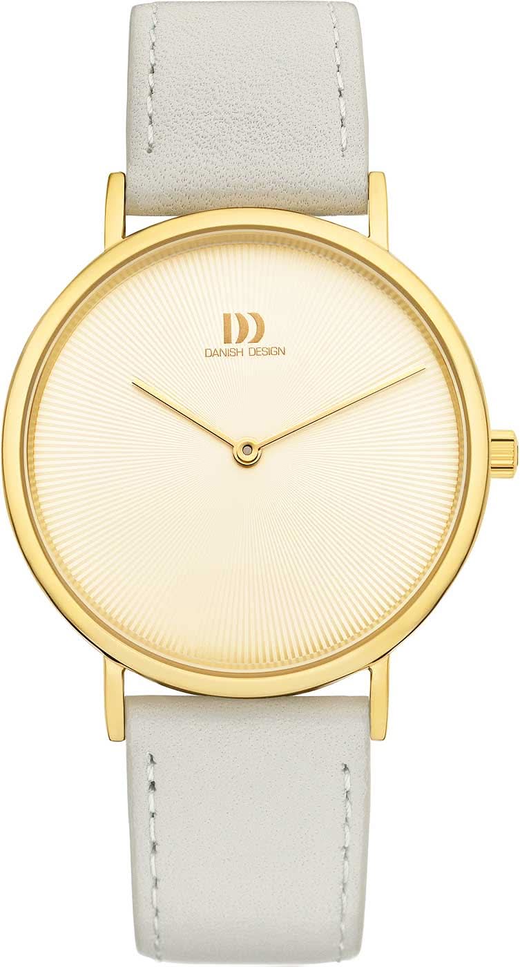 "Damklocka med rund, guldfärgad urtavla och beige läderarmband"